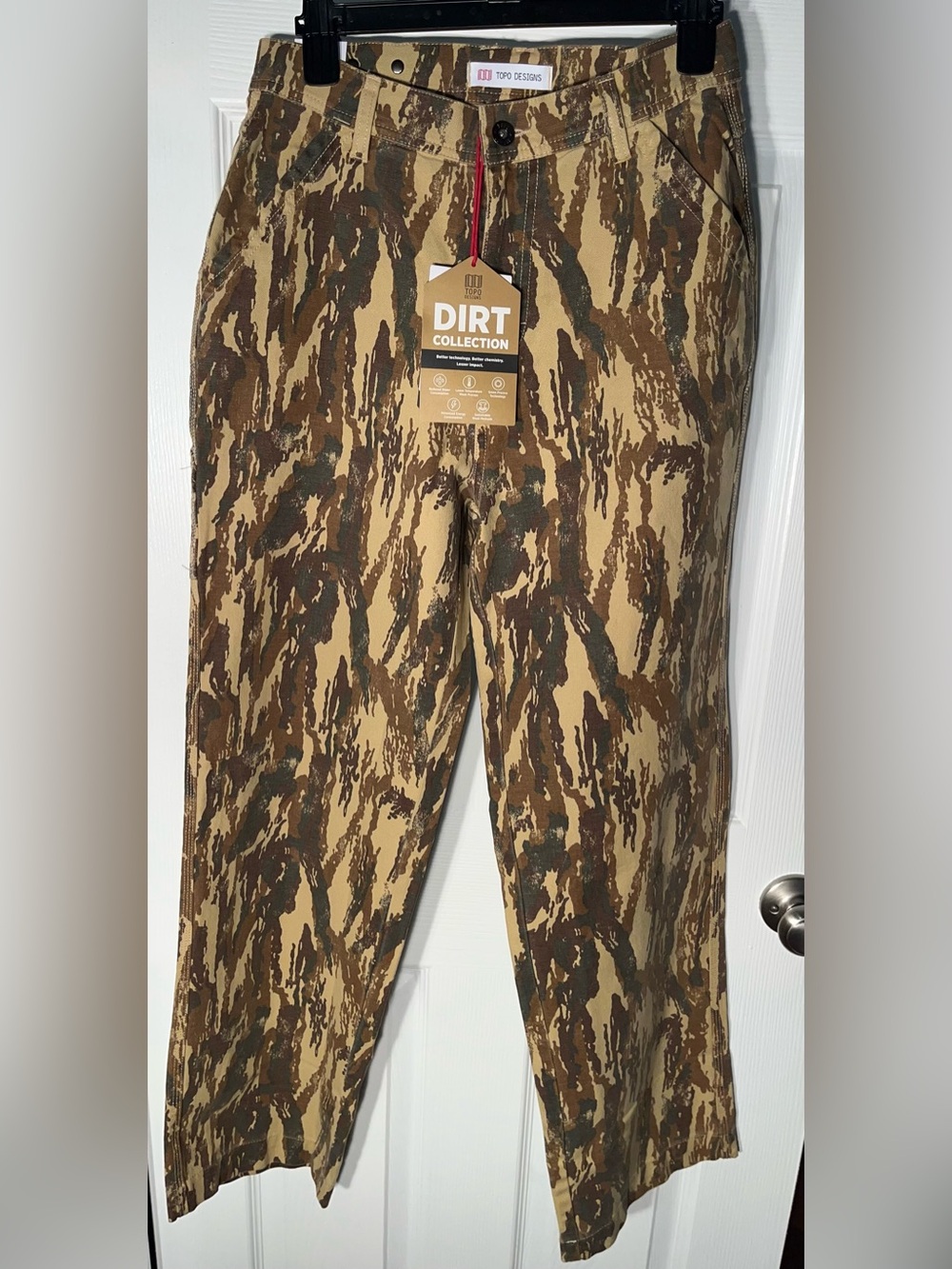 $139 Topo Designs Women’s Utility Pants 28 Dirt Camo Print Organic Cotton NWT